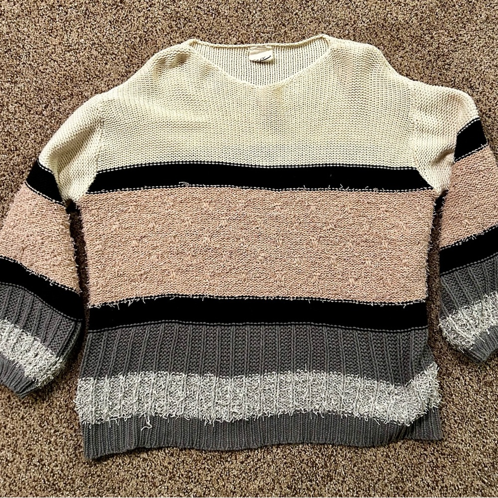 Cream and Black V-Neck Top